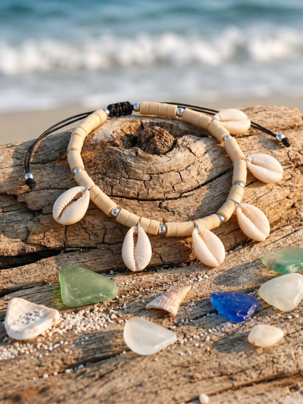 Cowrie Shell Anklet Adjustable Silver Bead Leather Boho Beach Surfer Coastal